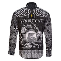 Personalized Cardiganshire Ceredigion Family Matching Off The Shoulder Long Sleeve Dress and Hawaiian Shirt Black Leaping Salmon Celtic-inspired - Wonder Print Shop