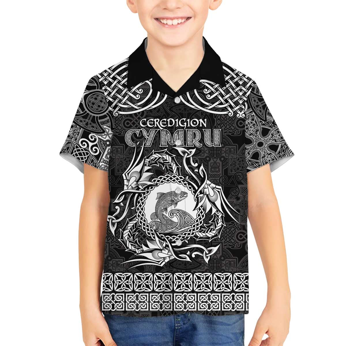 Personalized Cardiganshire Ceredigion Family Matching Off The Shoulder Long Sleeve Dress and Hawaiian Shirt Black Leaping Salmon Celtic-inspired - Wonder Print Shop