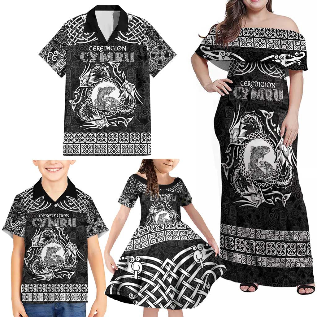 Personalized Cardiganshire Ceredigion Family Matching Off Shoulder Maxi Dress and Hawaiian Shirt Black Leaping Salmon Celtic-inspired - Wonder Print Shop