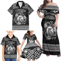 Personalized Cardiganshire Ceredigion Family Matching Off Shoulder Maxi Dress and Hawaiian Shirt Black Leaping Salmon Celtic-inspired - Wonder Print Shop