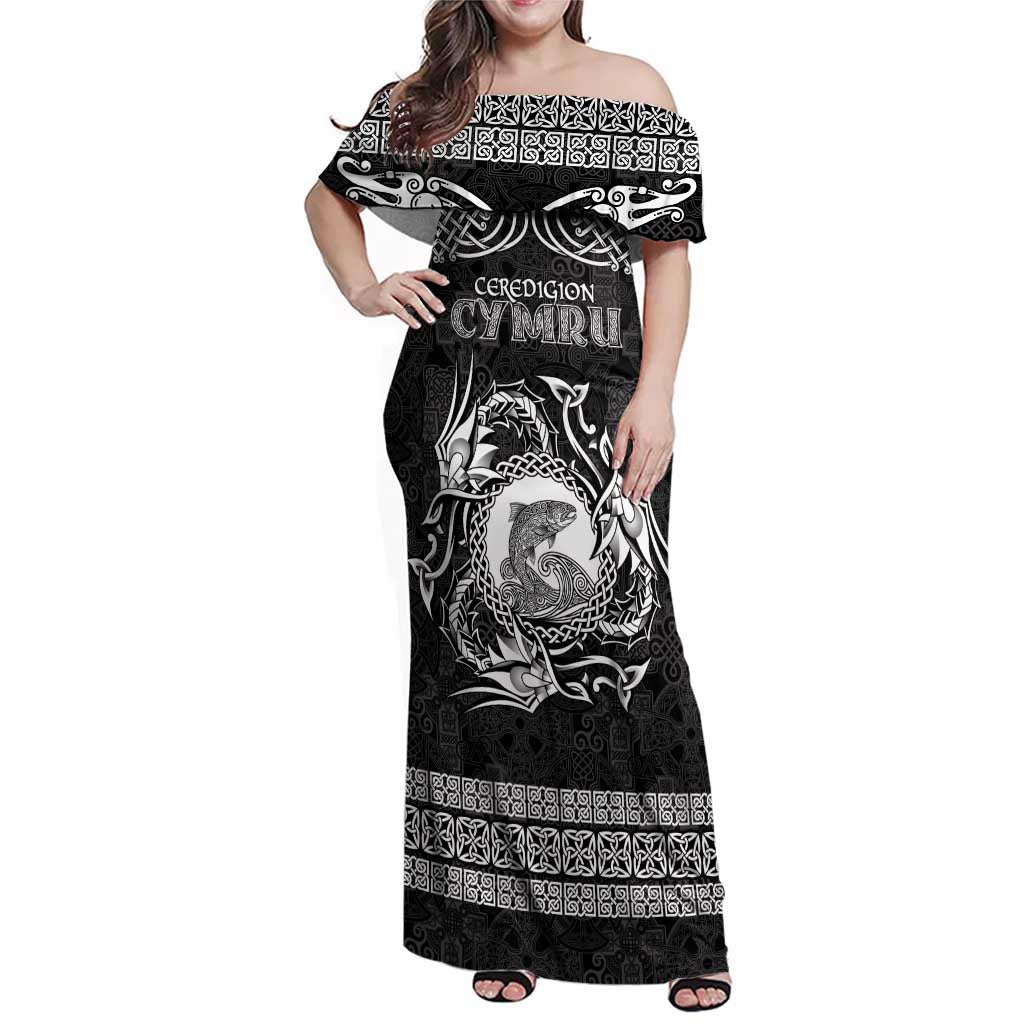 Personalized Cardiganshire Ceredigion Family Matching Off Shoulder Maxi Dress and Hawaiian Shirt Black Leaping Salmon Celtic-inspired - Wonder Print Shop