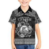Personalized Cardiganshire Ceredigion Family Matching Off Shoulder Maxi Dress and Hawaiian Shirt Black Leaping Salmon Celtic-inspired - Wonder Print Shop