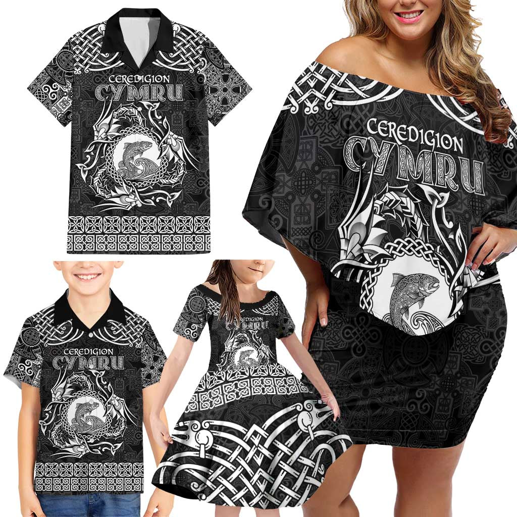 Personalized Cardiganshire Ceredigion Family Matching Off Shoulder Short Dress and Hawaiian Shirt Black Leaping Salmon Celtic-inspired - Wonder Print Shop