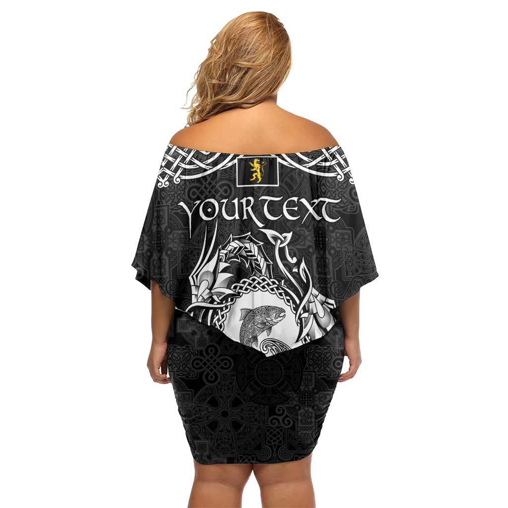 Personalized Cardiganshire Ceredigion Family Matching Off Shoulder Short Dress and Hawaiian Shirt Black Leaping Salmon Celtic-inspired - Wonder Print Shop