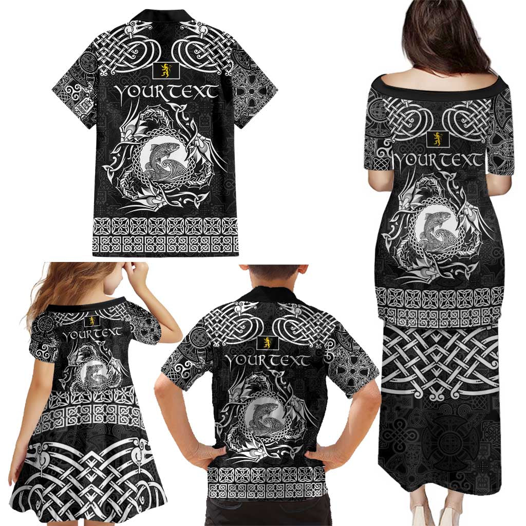 Personalized Cardiganshire Ceredigion Family Matching Puletasi and Hawaiian Shirt Black Leaping Salmon Celtic-inspired - Wonder Print Shop