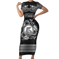 Personalized Cardiganshire Ceredigion Family Matching Short Sleeve Bodycon Dress and Hawaiian Shirt Black Leaping Salmon Celtic-inspired - Wonder Print Shop