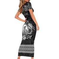Personalized Cardiganshire Ceredigion Family Matching Short Sleeve Bodycon Dress and Hawaiian Shirt Black Leaping Salmon Celtic-inspired - Wonder Print Shop