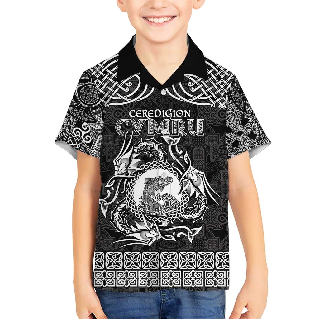 Personalized Cardiganshire Ceredigion Family Matching Short Sleeve Bodycon Dress and Hawaiian Shirt Black Leaping Salmon Celtic-inspired - Wonder Print Shop