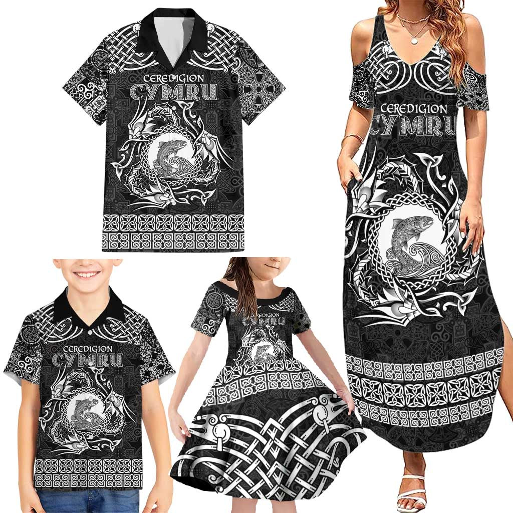 Personalized Cardiganshire Ceredigion Family Matching Summer Maxi Dress and Hawaiian Shirt Black Leaping Salmon Celtic-inspired - Wonder Print Shop
