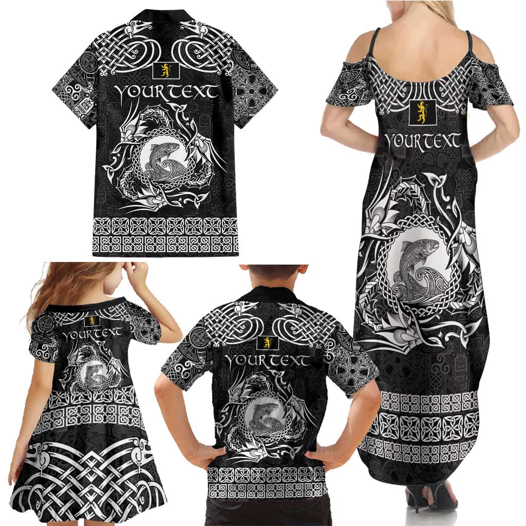 Personalized Cardiganshire Ceredigion Family Matching Summer Maxi Dress and Hawaiian Shirt Black Leaping Salmon Celtic-inspired - Wonder Print Shop