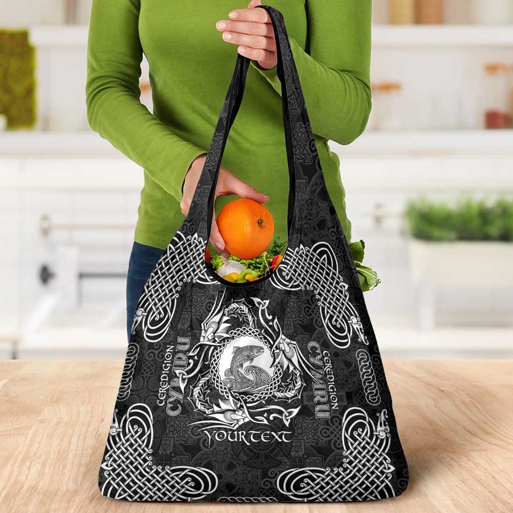 Personalized Cardiganshire Ceredigion Grocery Bag Black Leaping Salmon Celtic-inspired - Wonder Print Shop