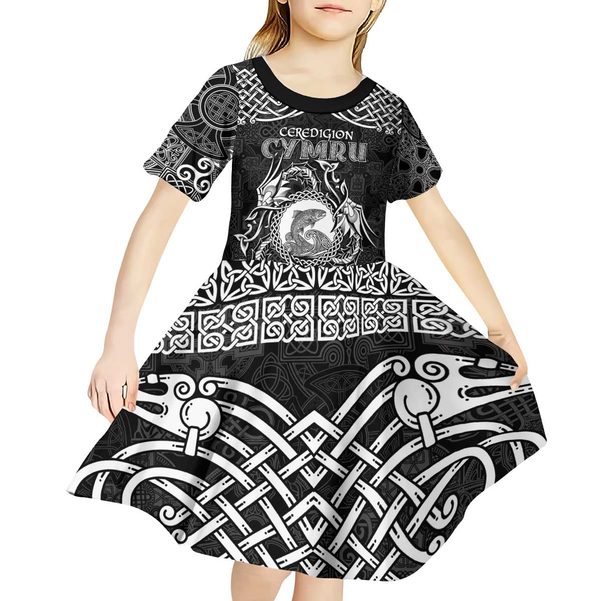 Personalized Cardiganshire Ceredigion Kid Short Sleeve Dress Black Leaping Salmon Celtic-inspired - Wonder Print Shop