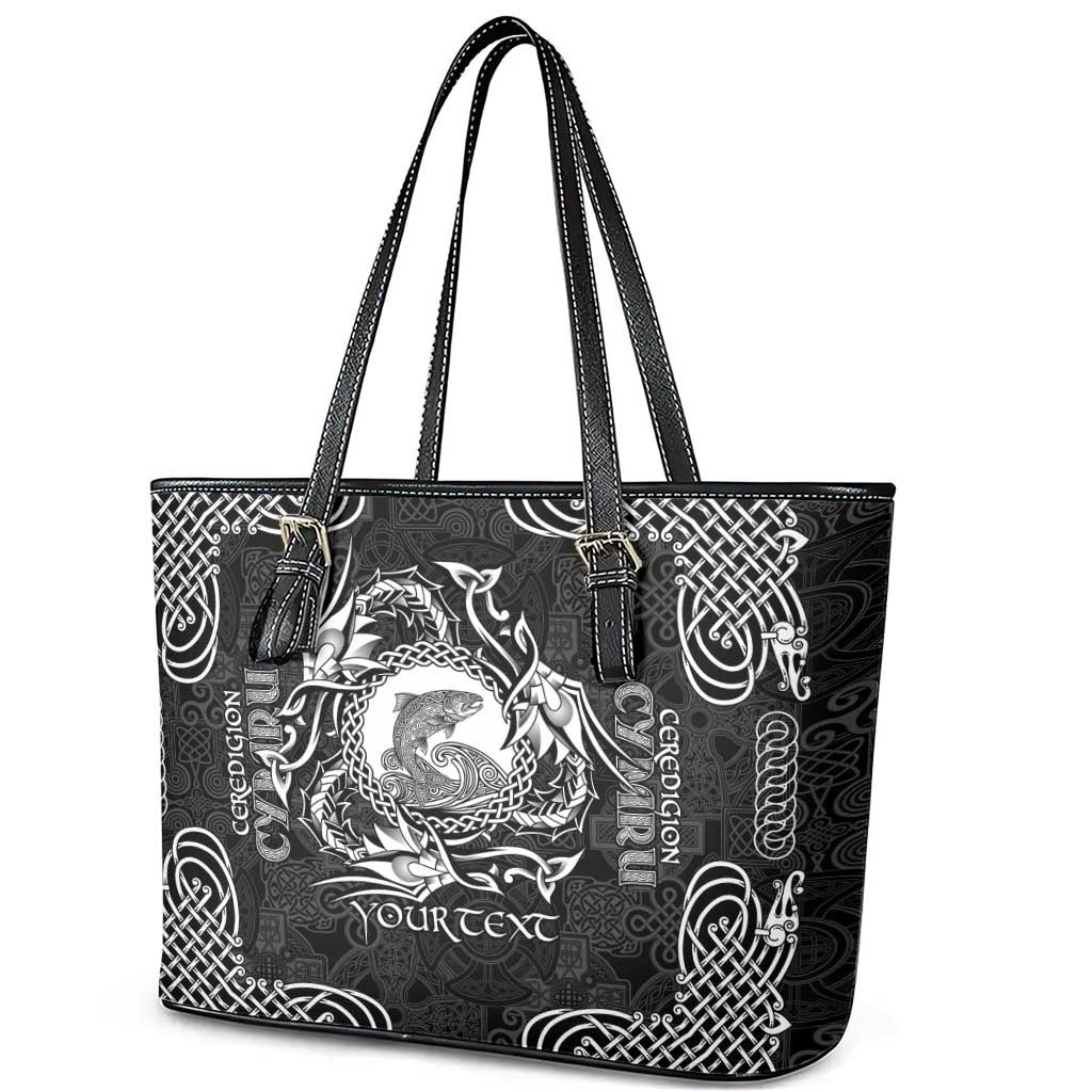 Personalized Cardiganshire Ceredigion Leather Tote Bag Black Leaping Salmon Celtic-inspired - Wonder Print Shop