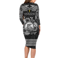 Personalized Cardiganshire Ceredigion Long Sleeve Bodycon Dress Black Leaping Salmon Celtic-inspired - Wonder Print Shop