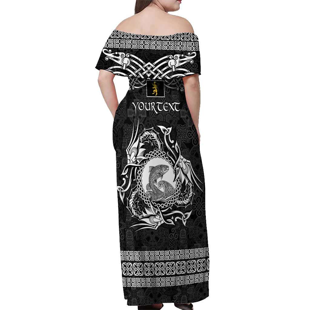 Personalized Cardiganshire Ceredigion Off Shoulder Maxi Dress Black Leaping Salmon Celtic-inspired - Wonder Print Shop