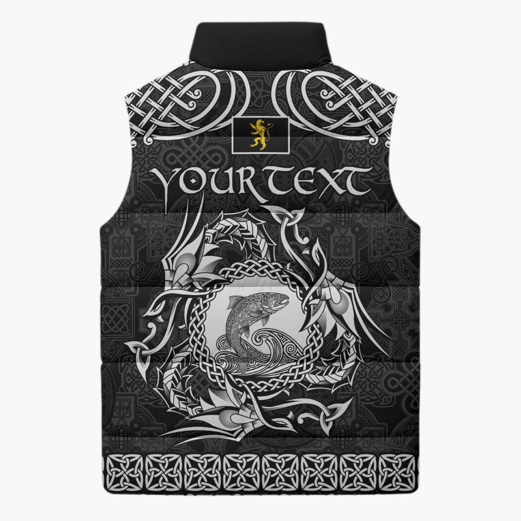 Personalized Cardiganshire Ceredigion Sleeveless Puffer Jacket Black Leaping Salmon Celtic-inspired - Wonder Print Shop