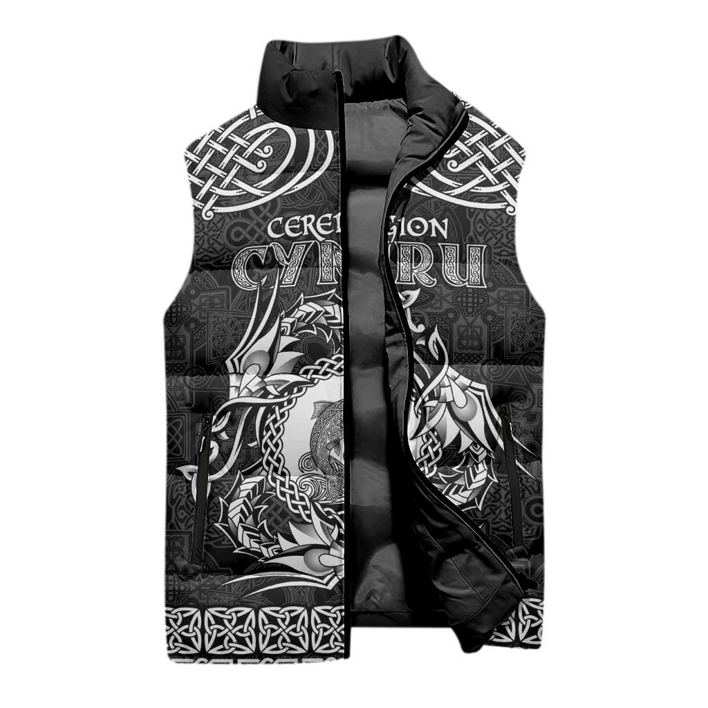 Personalized Cardiganshire Ceredigion Sleeveless Puffer Jacket Black Leaping Salmon Celtic-inspired - Wonder Print Shop