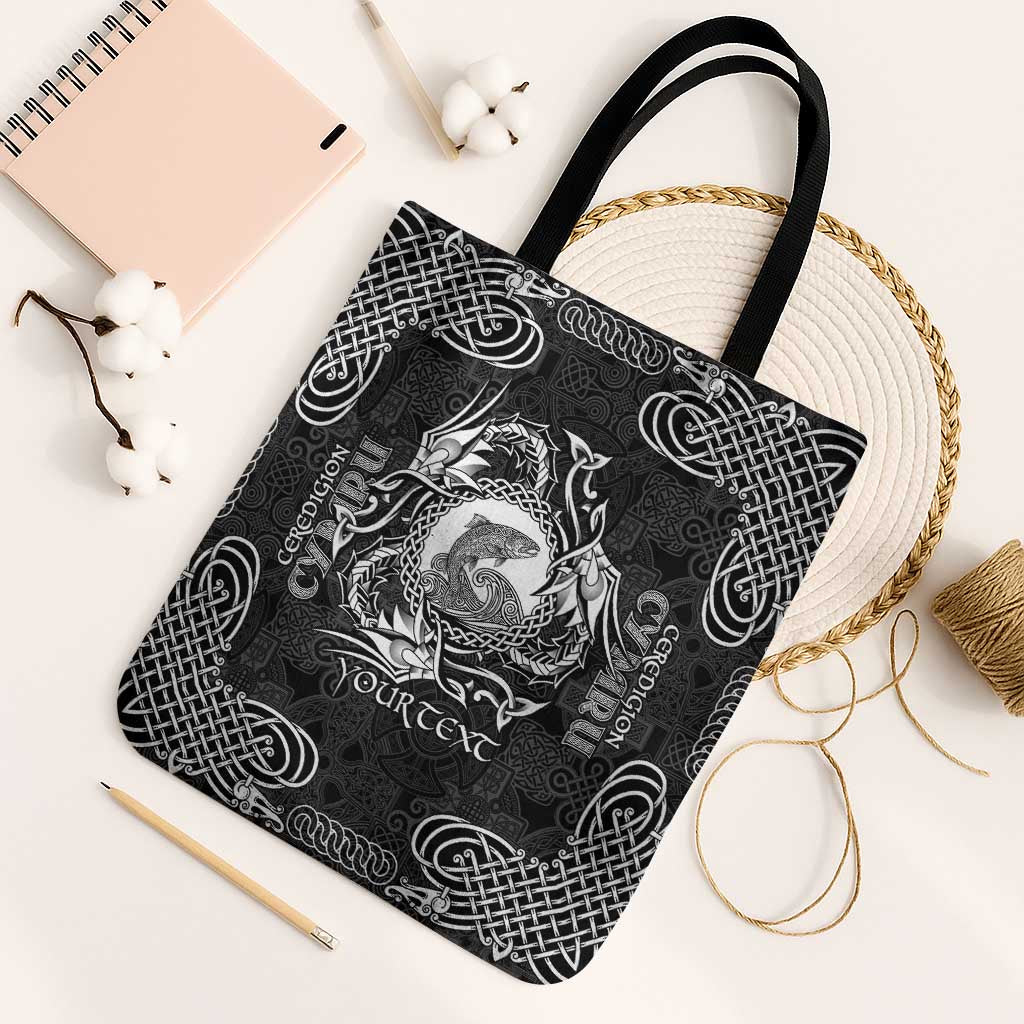 Personalized Cardiganshire Ceredigion Tote Bag Black Leaping Salmon Celtic-inspired - Wonder Print Shop