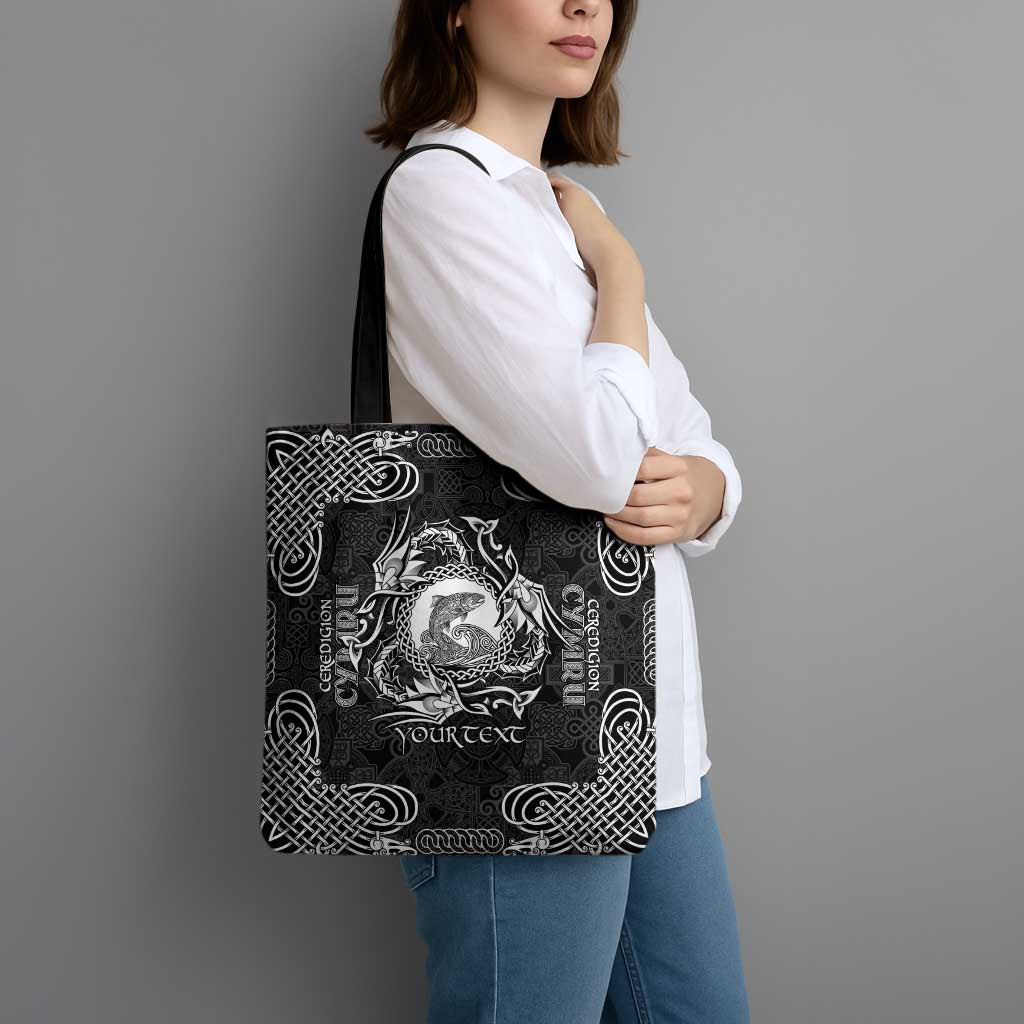 Personalized Cardiganshire Ceredigion Tote Bag Black Leaping Salmon Celtic-inspired - Wonder Print Shop