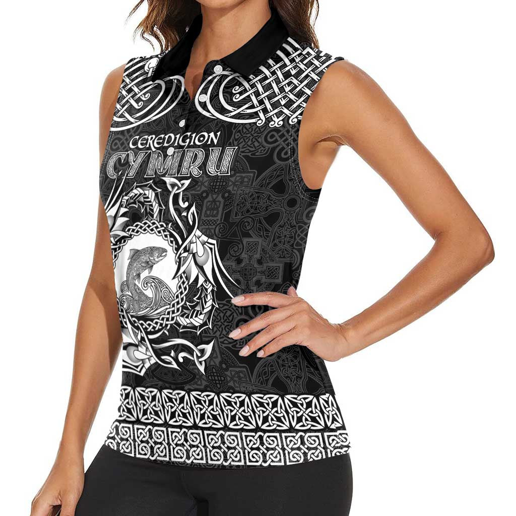 Personalized Cardiganshire Ceredigion Women Sleeveless Polo Shirt Black Leaping Salmon Celtic-inspired - Wonder Print Shop