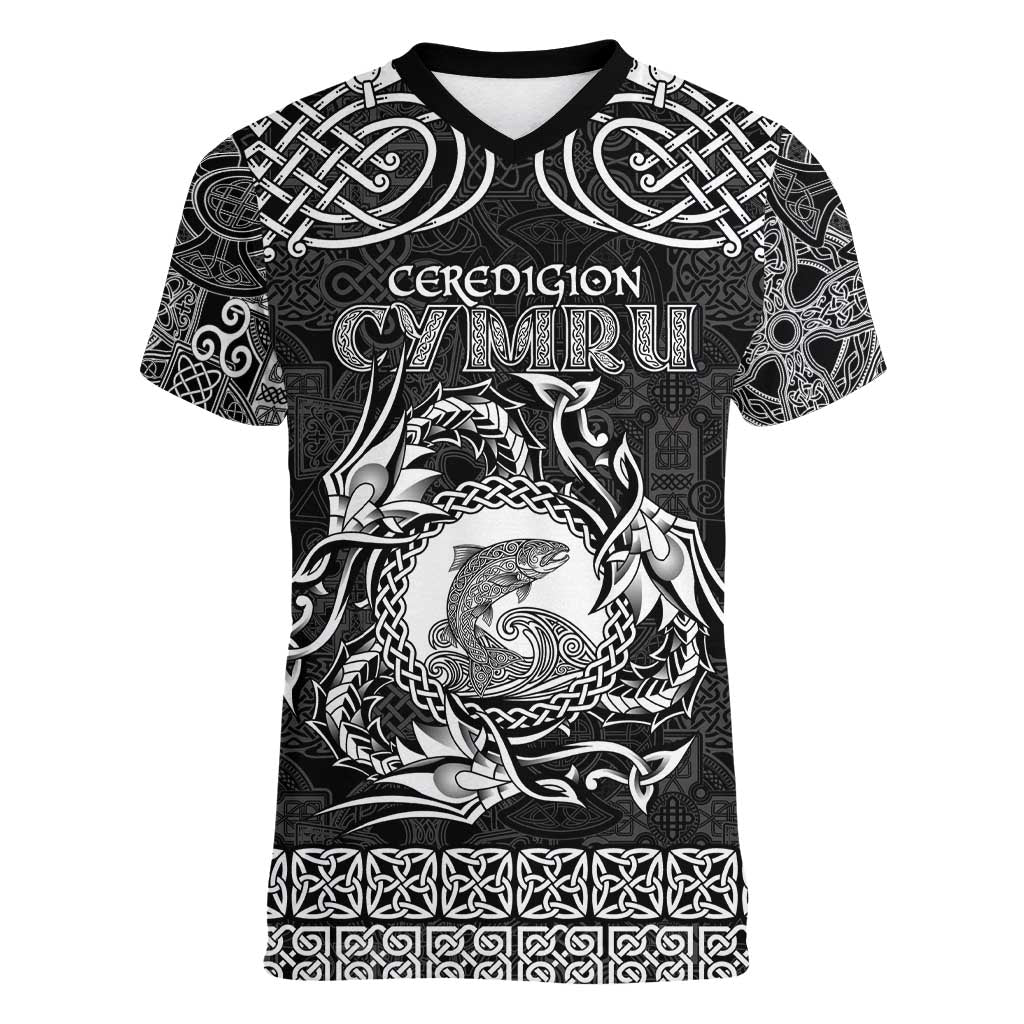 Personalized Cardiganshire Ceredigion Women V-Neck T-Shirt Black Leaping Salmon Celtic-inspired - Wonder Print Shop