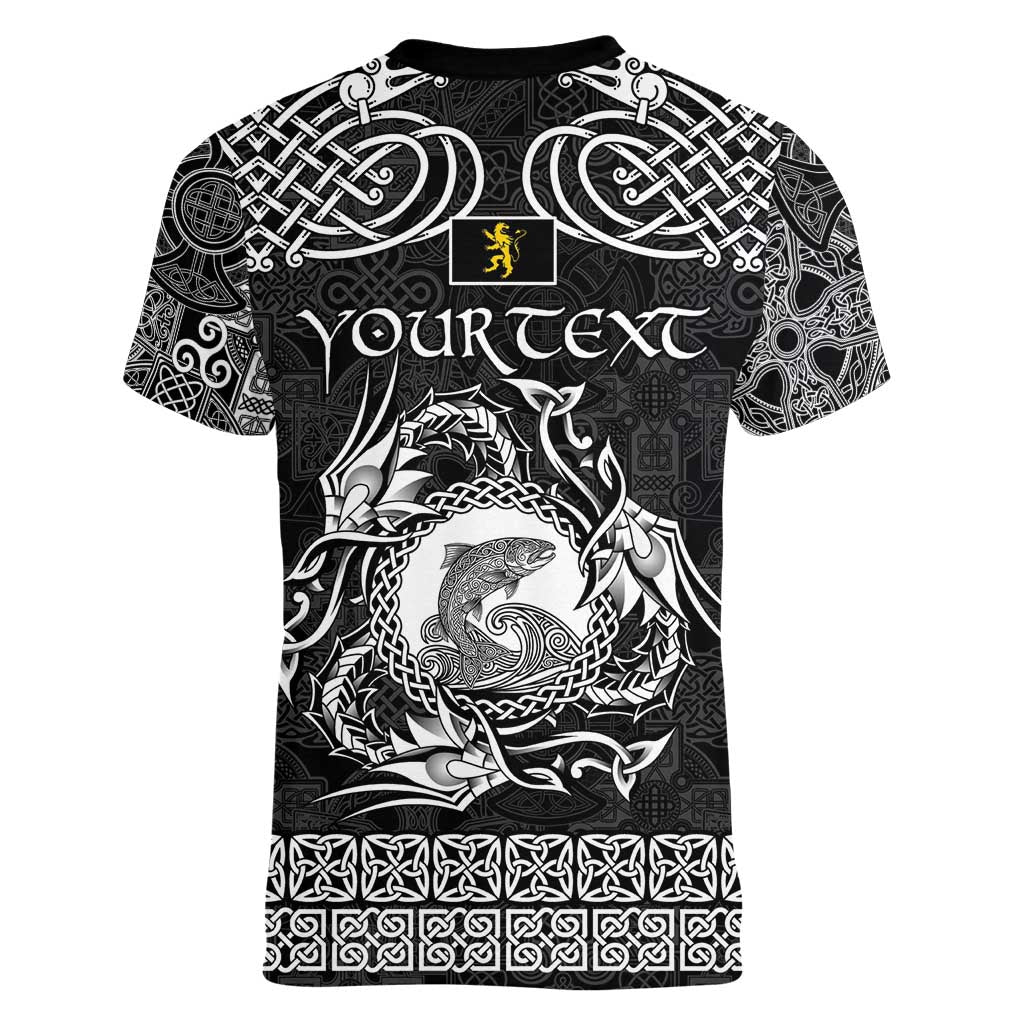 Personalized Cardiganshire Ceredigion Women V-Neck T-Shirt Black Leaping Salmon Celtic-inspired - Wonder Print Shop