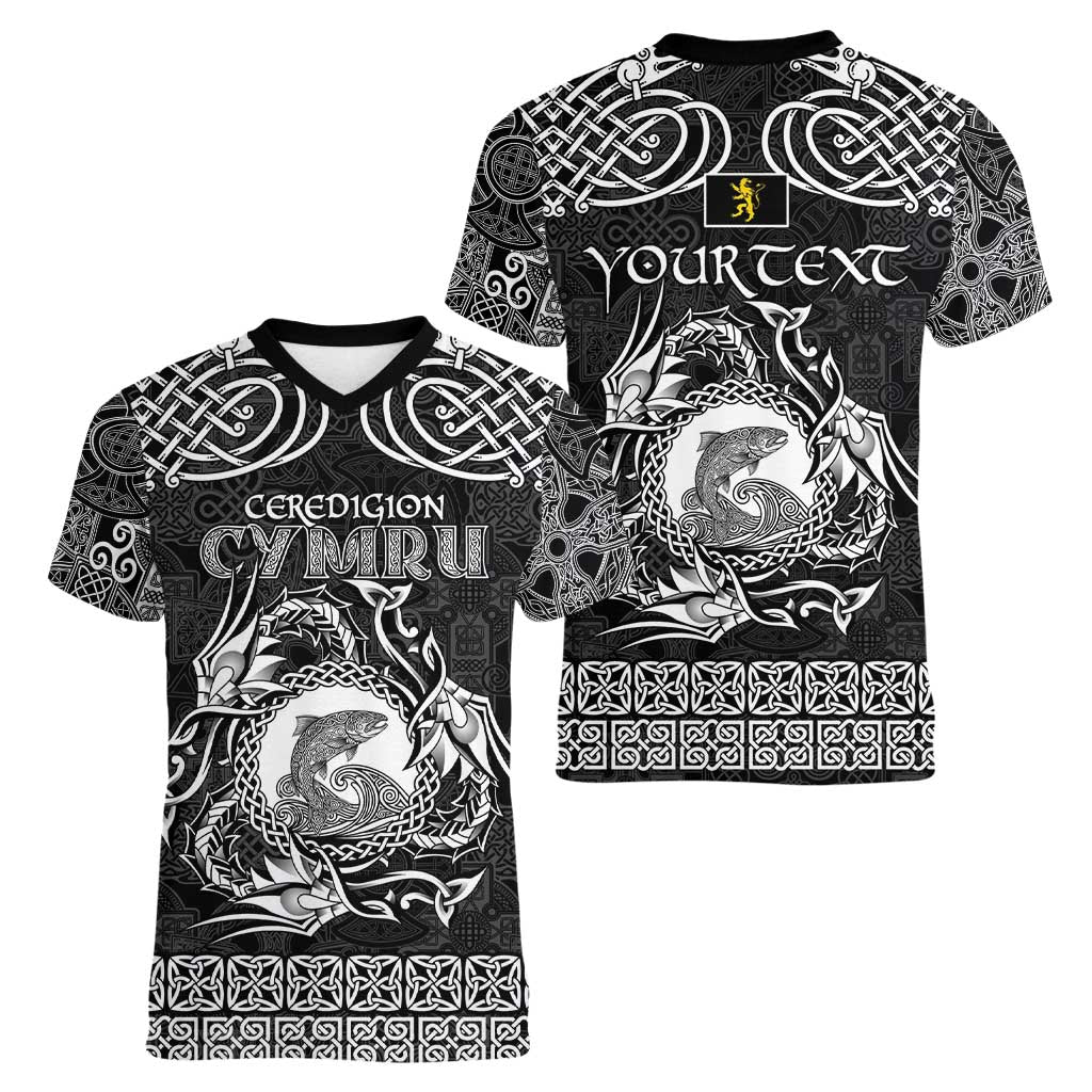 Personalized Cardiganshire Ceredigion Women V-Neck T-Shirt Black Leaping Salmon Celtic-inspired - Wonder Print Shop