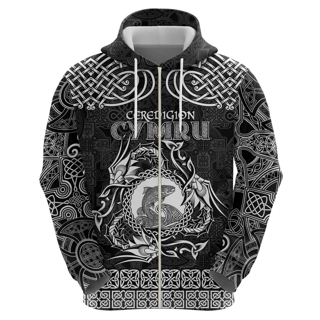 Personalized Cardiganshire Ceredigion Zip Hoodie Black Leaping Salmon Celtic-inspired - Wonder Print Shop