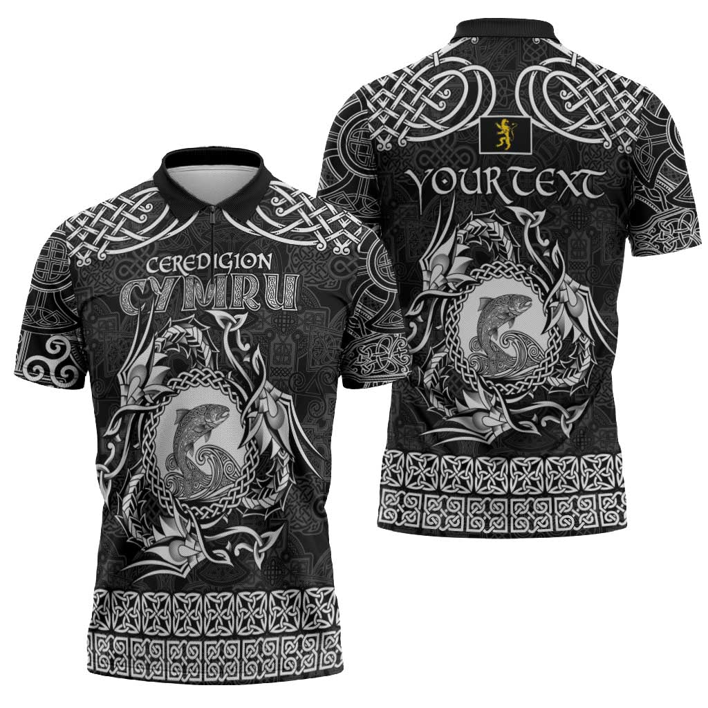 Personalized Cardiganshire Ceredigion Zipper Polo Shirt Black Leaping Salmon Celtic-inspired - Wonder Print Shop