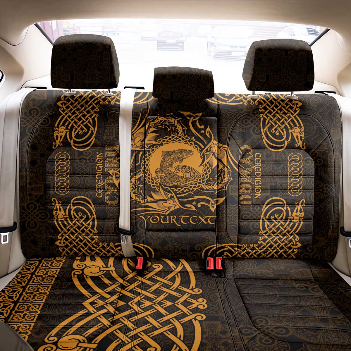 Personalized Cardiganshire Ceredigion Back Car Seat Cover Gold Leaping Salmon Celtic-inspired - Wonder Print Shop