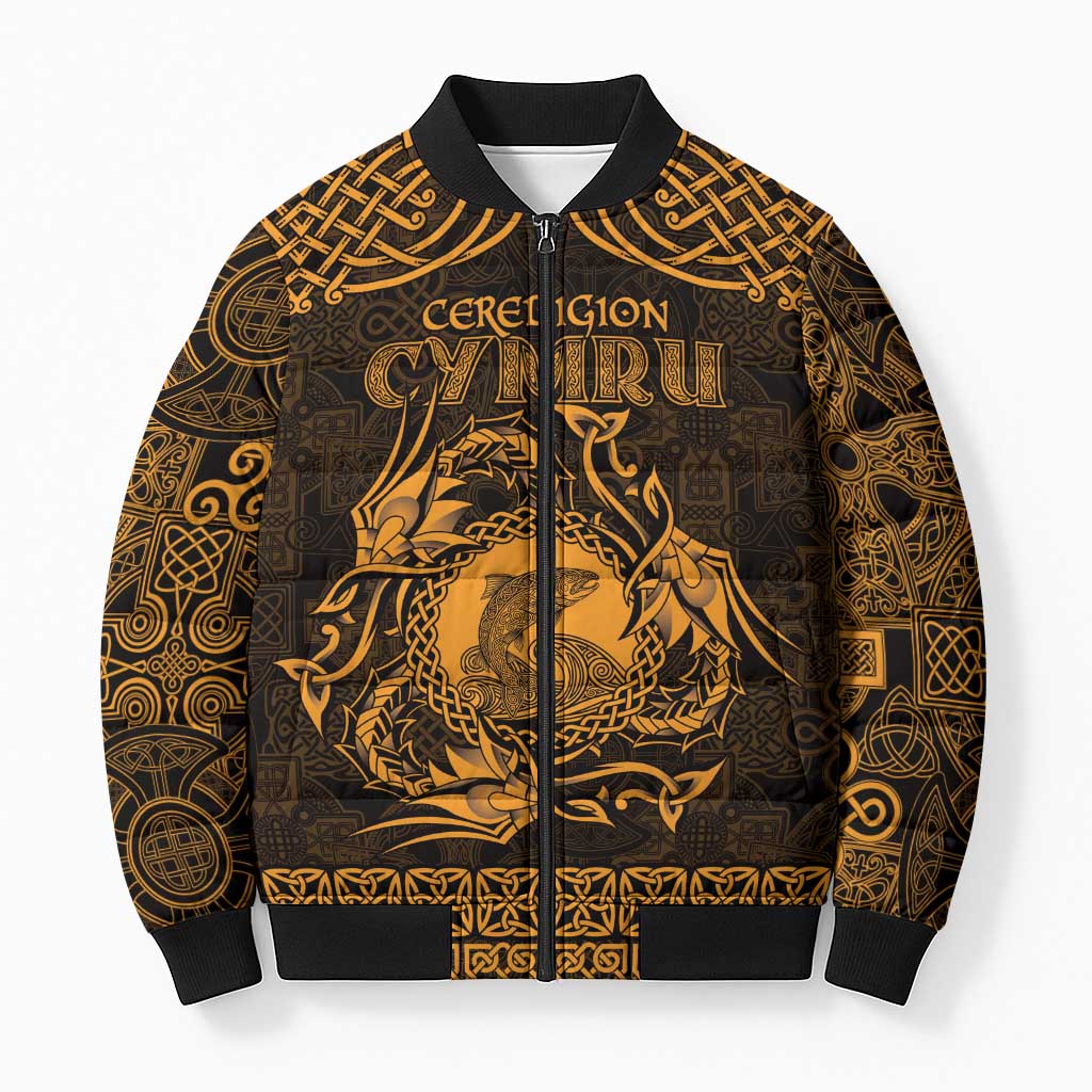Personalized Cardiganshire Ceredigion Bomber Puffer Jacket Gold Leaping Salmon Celtic-inspired - Wonder Print Shop