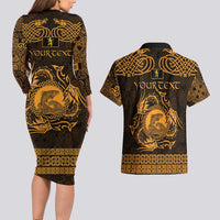 Personalized Cardiganshire Ceredigion Couples Matching Long Sleeve Bodycon Dress and Hawaiian Shirt Gold Leaping Salmon Celtic-inspired - Wonder Print Shop