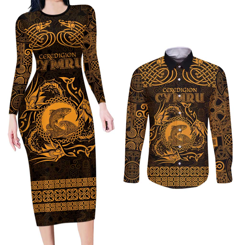 Personalized Cardiganshire Ceredigion Couples Matching Long Sleeve Bodycon Dress and Long Sleeve Button Shirt Gold Leaping Salmon Celtic-inspired - Wonder Print Shop