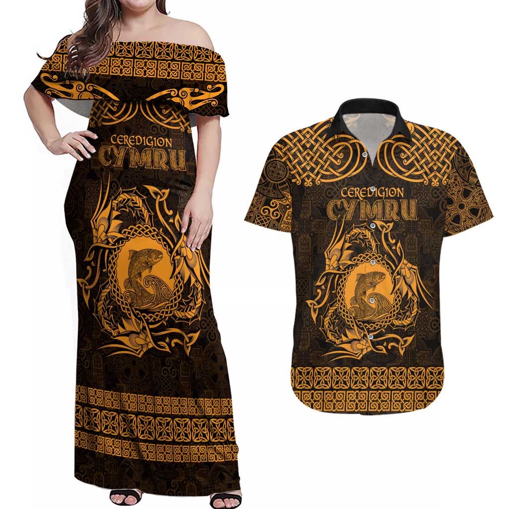 Personalized Cardiganshire Ceredigion Couples Matching Off Shoulder Maxi Dress and Hawaiian Shirt Gold Leaping Salmon Celtic-inspired - Wonder Print Shop