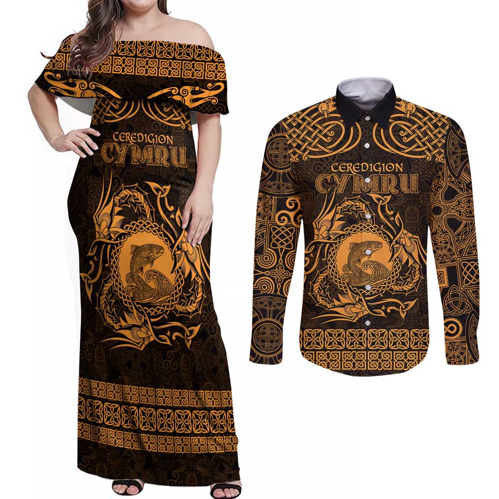 Personalized Cardiganshire Ceredigion Couples Matching Off Shoulder Maxi Dress and Long Sleeve Button Shirt Gold Leaping Salmon Celtic-inspired - Wonder Print Shop