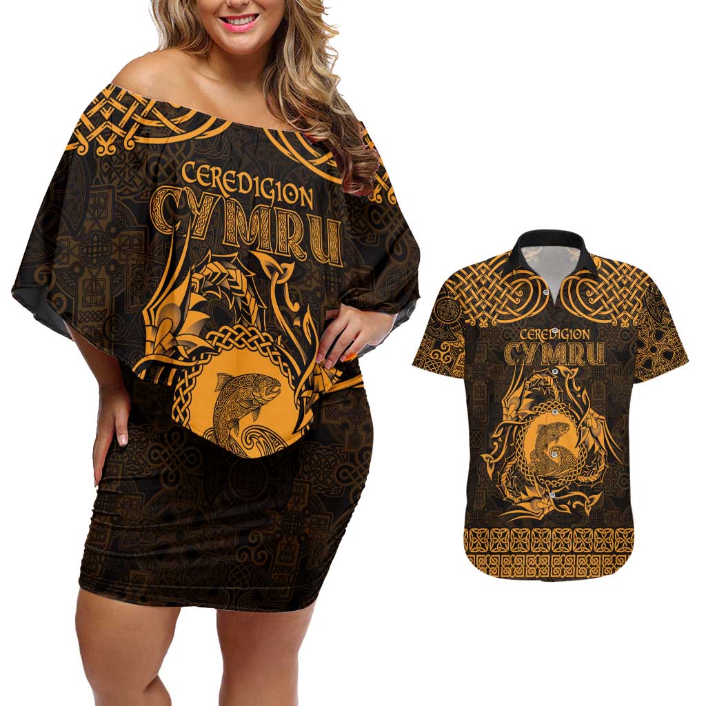 Personalized Cardiganshire Ceredigion Couples Matching Off Shoulder Short Dress and Hawaiian Shirt Gold Leaping Salmon Celtic-inspired - Wonder Print Shop