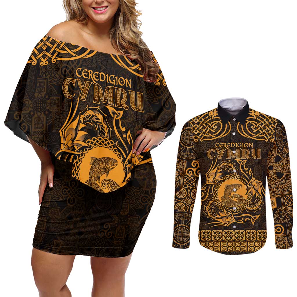 Personalized Cardiganshire Ceredigion Couples Matching Off Shoulder Short Dress and Long Sleeve Button Shirt Gold Leaping Salmon Celtic-inspired - Wonder Print Shop