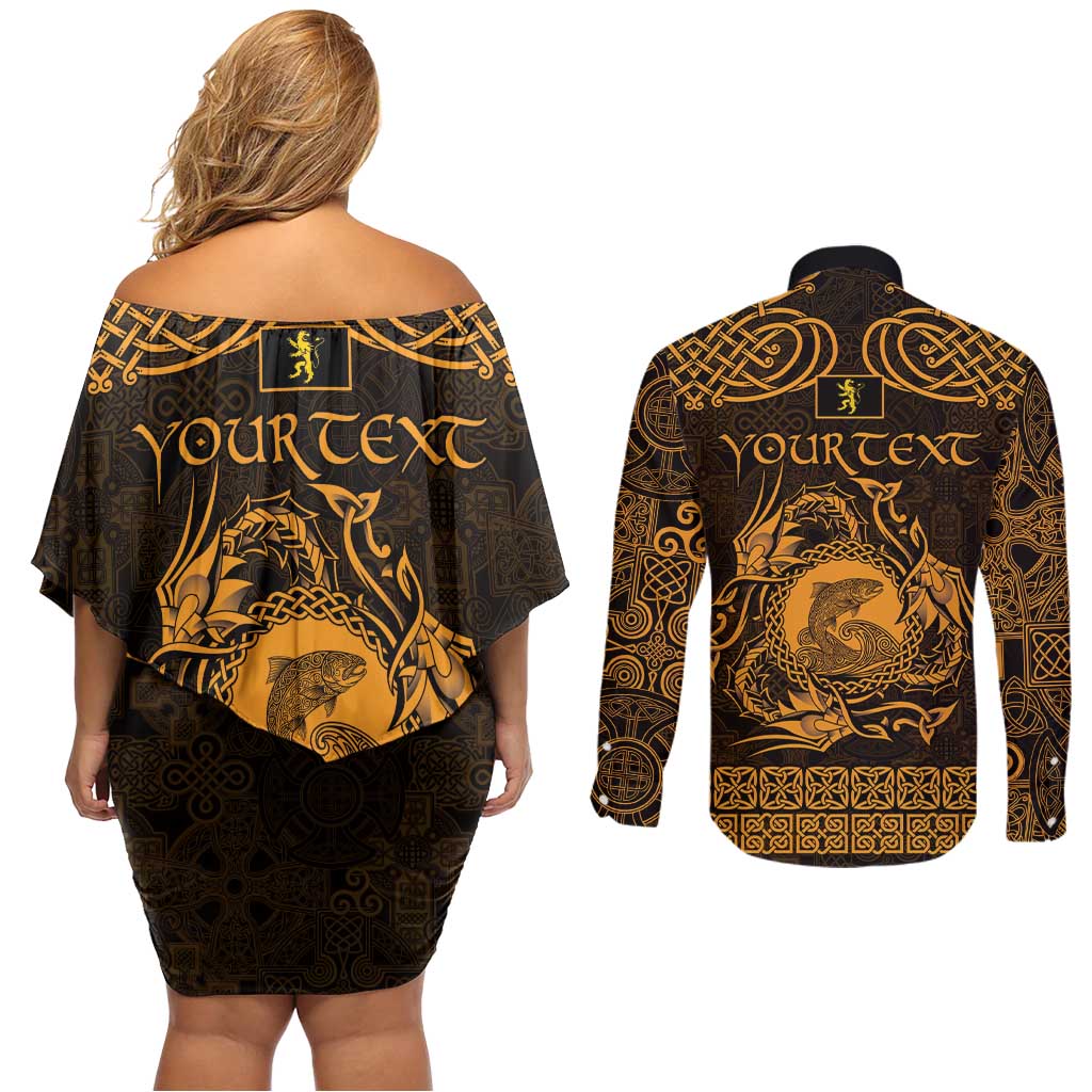Personalized Cardiganshire Ceredigion Couples Matching Off Shoulder Short Dress and Long Sleeve Button Shirt Gold Leaping Salmon Celtic-inspired - Wonder Print Shop