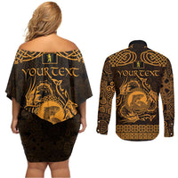 Personalized Cardiganshire Ceredigion Couples Matching Off Shoulder Short Dress and Long Sleeve Button Shirt Gold Leaping Salmon Celtic-inspired - Wonder Print Shop