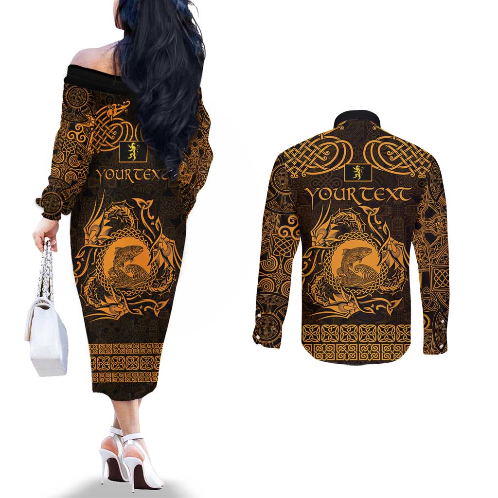 Personalized Cardiganshire Ceredigion Couples Matching Off The Shoulder Long Sleeve Dress and Long Sleeve Button Shirt Gold Leaping Salmon Celtic-inspired - Wonder Print Shop