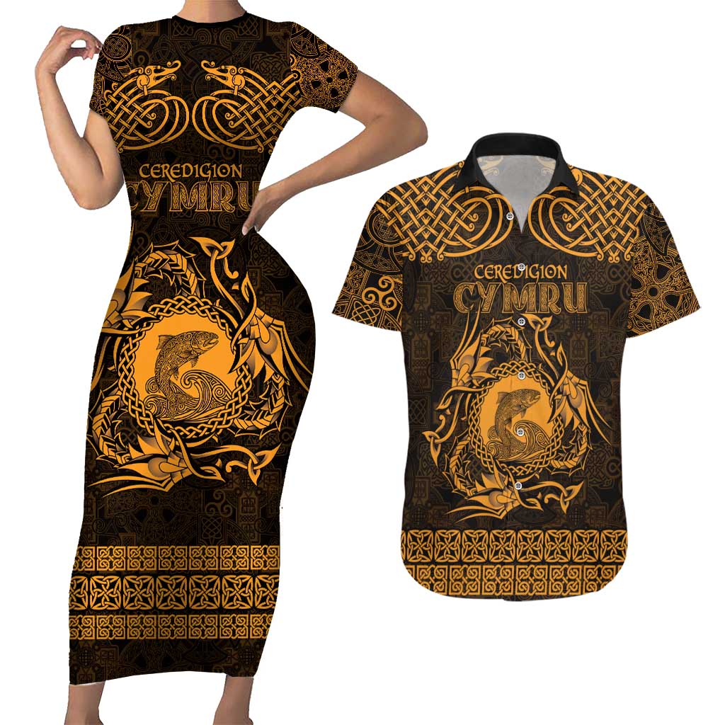 Personalized Cardiganshire Ceredigion Couples Matching Short Sleeve Bodycon Dress and Hawaiian Shirt Gold Leaping Salmon Celtic-inspired - Wonder Print Shop