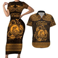 Personalized Cardiganshire Ceredigion Couples Matching Short Sleeve Bodycon Dress and Hawaiian Shirt Gold Leaping Salmon Celtic-inspired - Wonder Print Shop