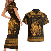 Personalized Cardiganshire Ceredigion Couples Matching Short Sleeve Bodycon Dress and Hawaiian Shirt Gold Leaping Salmon Celtic-inspired - Wonder Print Shop