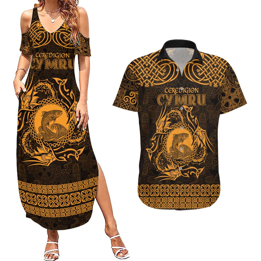 Personalized Cardiganshire Ceredigion Couples Matching Summer Maxi Dress and Hawaiian Shirt Gold Leaping Salmon Celtic-inspired - Wonder Print Shop