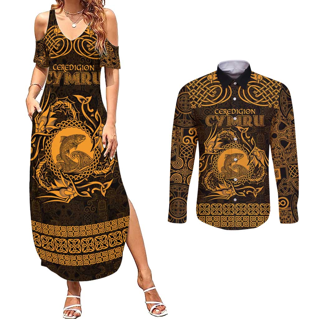 Personalized Cardiganshire Ceredigion Couples Matching Summer Maxi Dress and Long Sleeve Button Shirt Gold Leaping Salmon Celtic-inspired - Wonder Print Shop