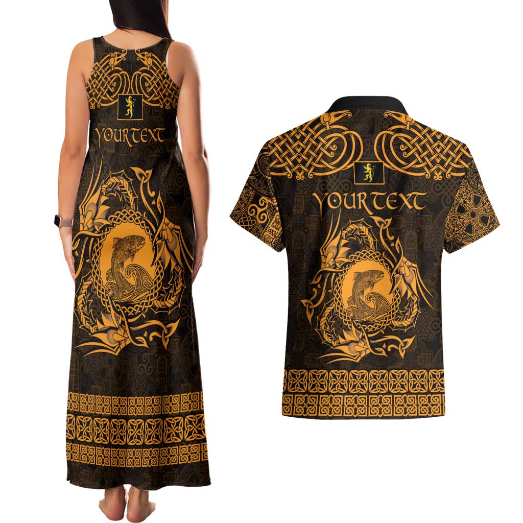 Personalized Cardiganshire Ceredigion Couples Matching Tank Maxi Dress and Hawaiian Shirt Gold Leaping Salmon Celtic-inspired - Wonder Print Shop