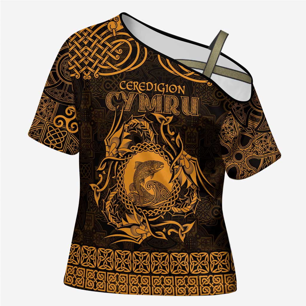 Personalized Cardiganshire Ceredigion Cross Shoulder Shirt Gold Leaping Salmon Celtic-inspired - Wonder Print Shop