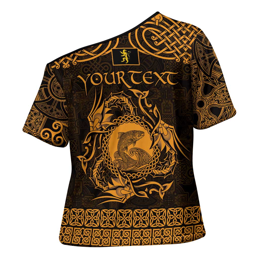 Personalized Cardiganshire Ceredigion Cross Shoulder Shirt Gold Leaping Salmon Celtic-inspired - Wonder Print Shop