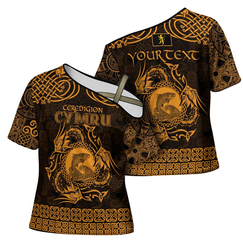 Personalized Cardiganshire Ceredigion Cross Shoulder Shirt Gold Leaping Salmon Celtic-inspired - Wonder Print Shop