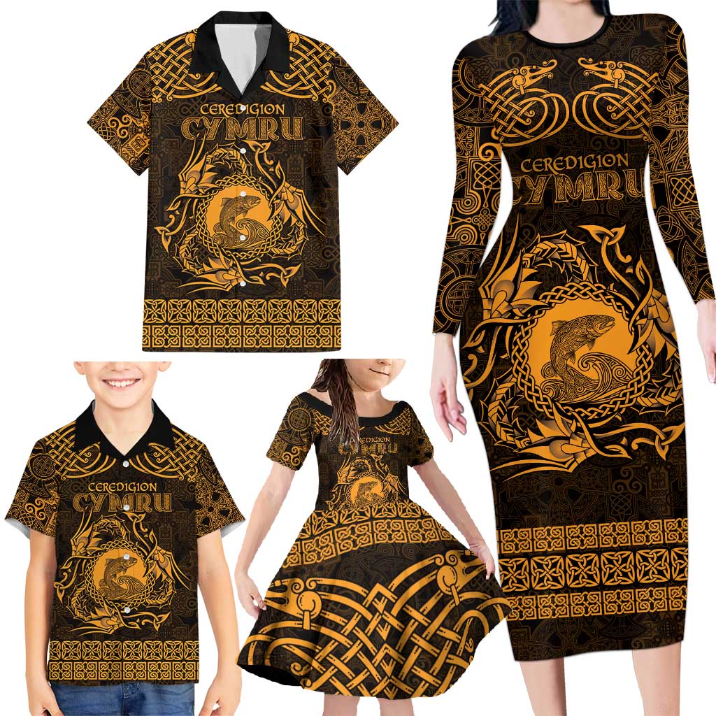 Personalized Cardiganshire Ceredigion Family Matching Long Sleeve Bodycon Dress and Hawaiian Shirt Gold Leaping Salmon Celtic-inspired - Wonder Print Shop